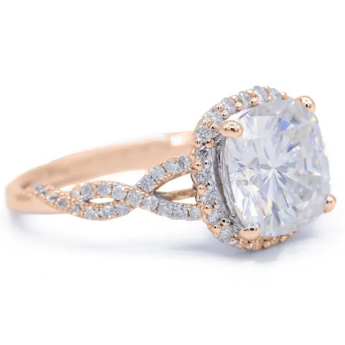 Fire Brilliance 8mm Cushion Center 14k Rose Gold Infinity Band Halo MicroPave Diamond Ring Rings