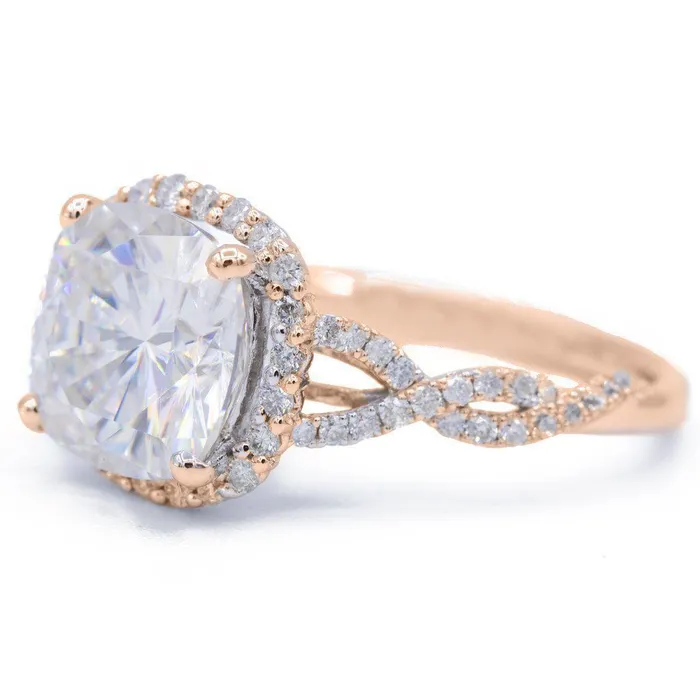 Fire Brilliance 8mm Cushion Center 14k Rose Gold Infinity Band Halo MicroPave Diamond Ring Rings