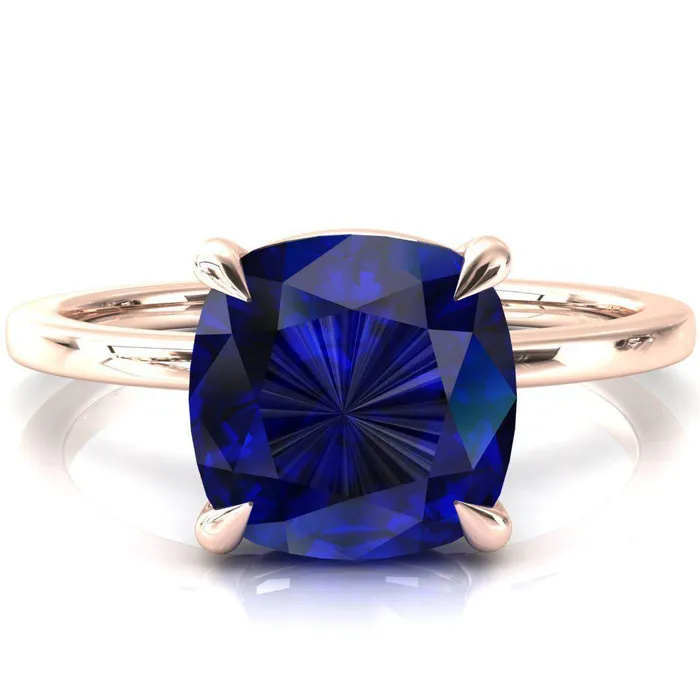 Fire Brilliance Lyla Cushion Blue Sapphire 4 Claw Prong Single Rail Solitaire Ring Rings
