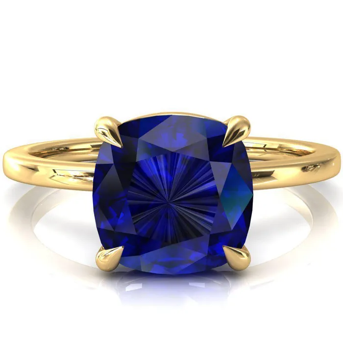 Fire Brilliance Lyla Cushion Blue Sapphire 4 Claw Prong Single Rail Solitaire Ring Rings