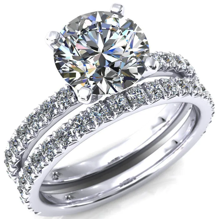 Fire Brilliance Nefili Round Center Stone 4 Prong 58 Eternity Diamond French Pave Engagement Ring Rings
