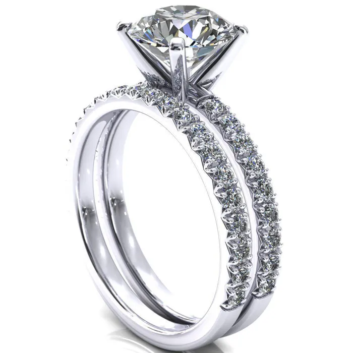 Fire Brilliance Nefili Round Center Stone 4 Prong 58 Eternity Diamond French Pave Engagement Ring Rings