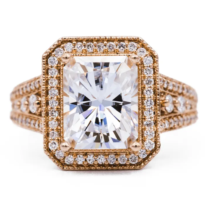 Fire Brilliance Rings 10x8mm Radiant Center 14K Rose Gold Halo and Split Shank Diamond Ring Fire Brilliance Rings 10x8mm Radiant Center 14K Rose Gold Halo and Split Shank Diamond Ring