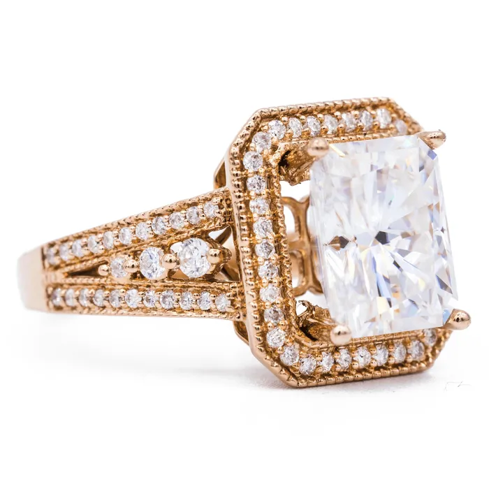 Fire Brilliance Rings 10x8mm Radiant Center 14K Rose Gold Halo and Split Shank Diamond Ring