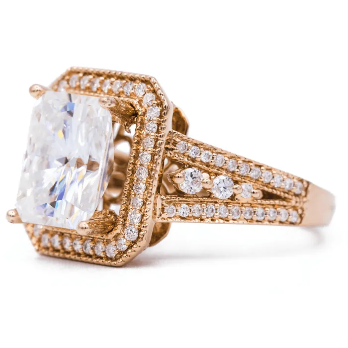 Fire Brilliance Rings 10x8mm Radiant Center 14K Rose Gold Halo and Split Shank Diamond Ring