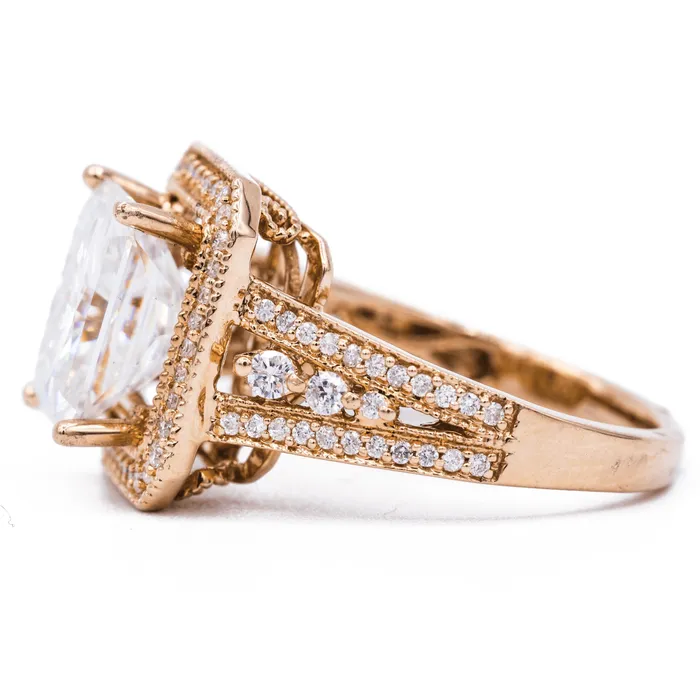 Fire Brilliance Rings 10x8mm Radiant Center 14K Rose Gold Halo and Split Shank Diamond Ring