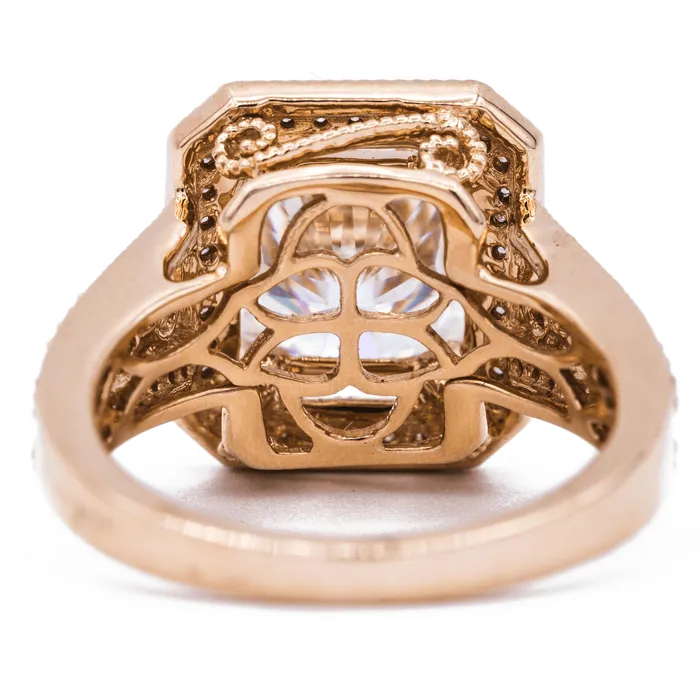 Fire Brilliance Rings 10x8mm Radiant Center 14K Rose Gold Halo and Split Shank Diamond Ring