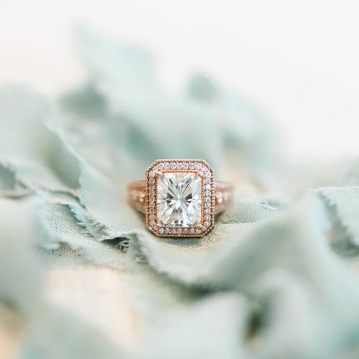 Fire Brilliance Rings 10x8mm Radiant Center 14K Rose Gold Halo and Split Shank Diamond Ring