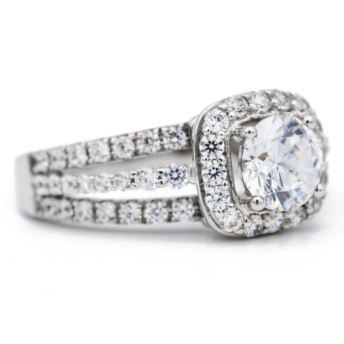 Fire Brilliance Rings 65mm Round Center 14K White Gold Diamond 4 Prong Cushion Halo Triple Diamond Row Ring Fire Brilliance Rings 65mm Round Center 14K White Gold Diamond 4 Prong Cushion Halo Triple Diamond Row Ring