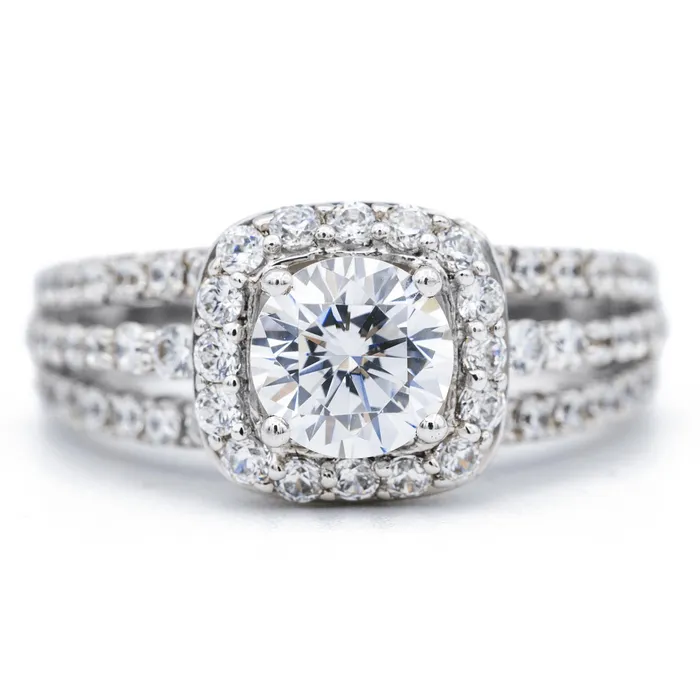 Fire Brilliance Rings 65mm Round Center 14K White Gold Diamond 4 Prong Cushion Halo Triple Diamond Row Ring