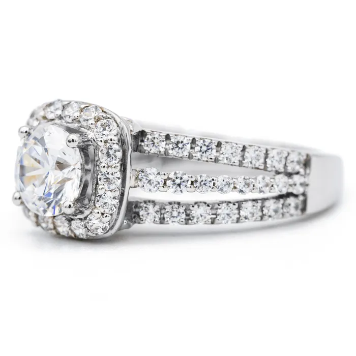 Fire Brilliance Rings 65mm Round Center 14K White Gold Diamond 4 Prong Cushion Halo Triple Diamond Row Ring