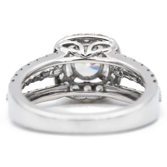 Fire Brilliance Rings 65mm Round Center 14K White Gold Diamond 4 Prong Cushion Halo Triple Diamond Row Ring
