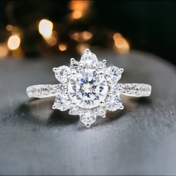 Fire Brilliance Rings 65mm Round Center 14K White Solid Gold Diamond Snowflake Halo Design Ring