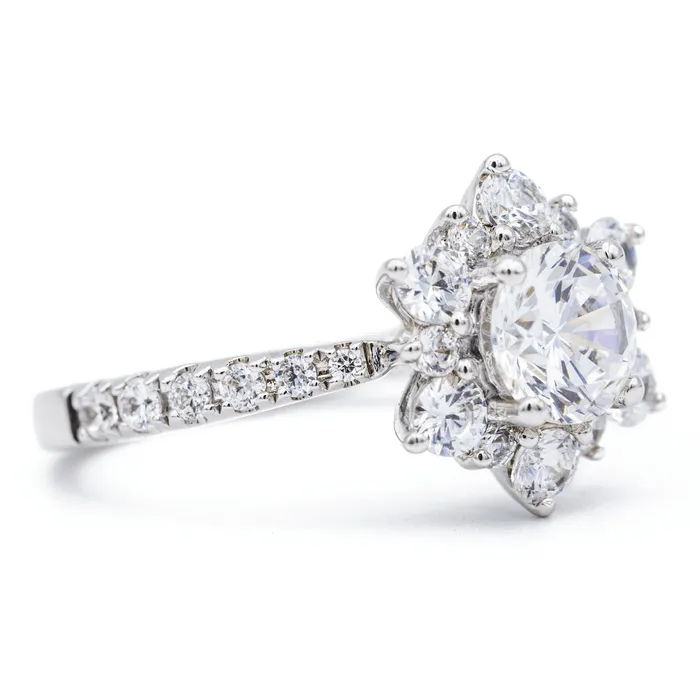 Fire Brilliance Rings 65mm Round Center 14K White Solid Gold Diamond Snowflake Halo Design Ring