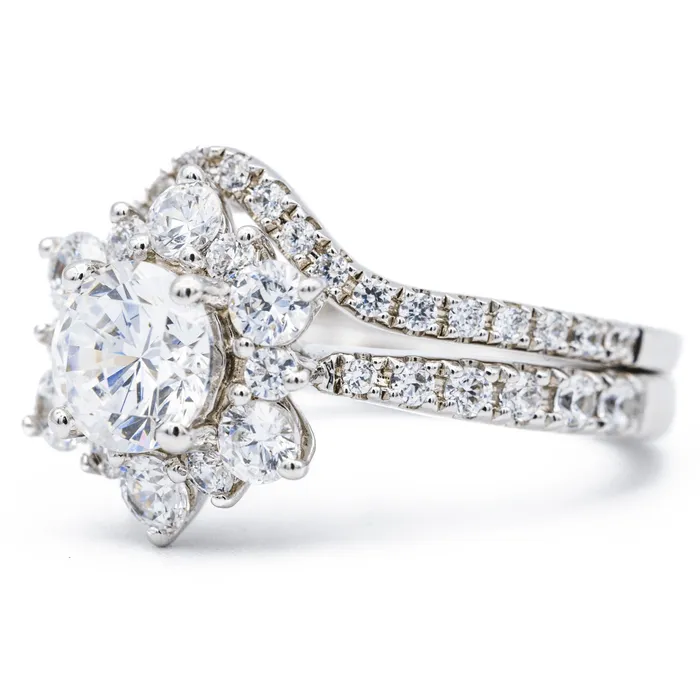 Fire Brilliance Rings 65mm Round Center 14K White Solid Gold Diamond Snowflake Halo Design Ring