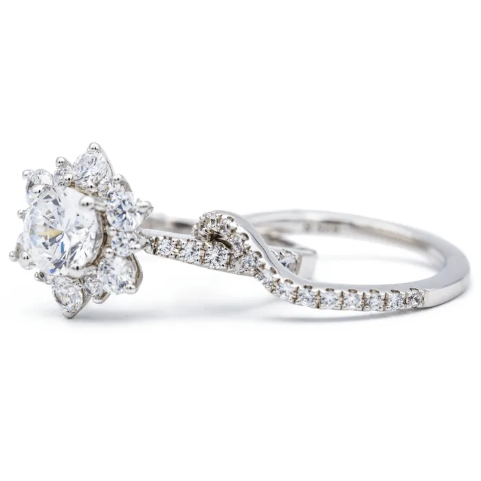 Fire Brilliance Rings 65mm Round Center 14K White Solid Gold Diamond Snowflake Halo Design Ring