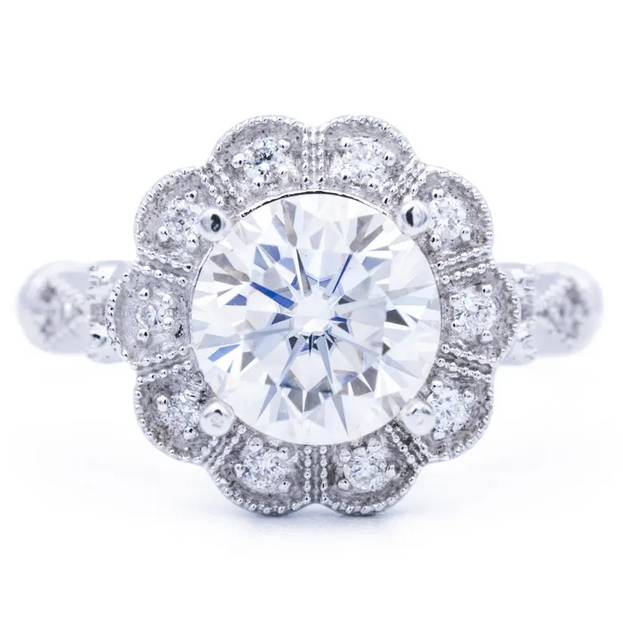 Fire Brilliance Rings 8mm Round Center 14K White Gold Milgrain Vintage Halo Ring Fire Brilliance Rings 8mm Round Center 14K White Gold Milgrain Vintage Halo Ring