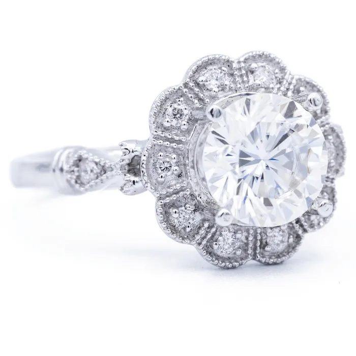 Fire Brilliance Rings 8mm Round Center 14K White Gold Milgrain Vintage Halo Ring