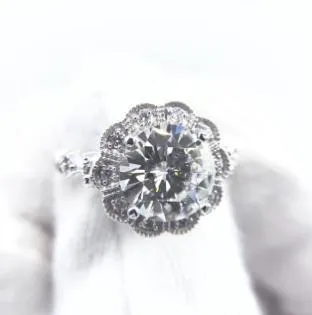 Fire Brilliance Rings 8mm Round Center 14K White Gold Milgrain Vintage Halo Ring