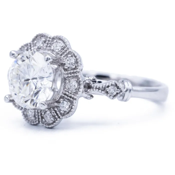 Fire Brilliance Rings 8mm Round Center 14K White Gold Milgrain Vintage Halo Ring