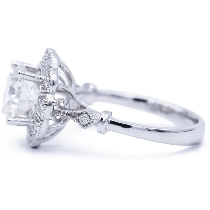 Fire Brilliance Rings 8mm Round Center 14K White Gold Milgrain Vintage Halo Ring