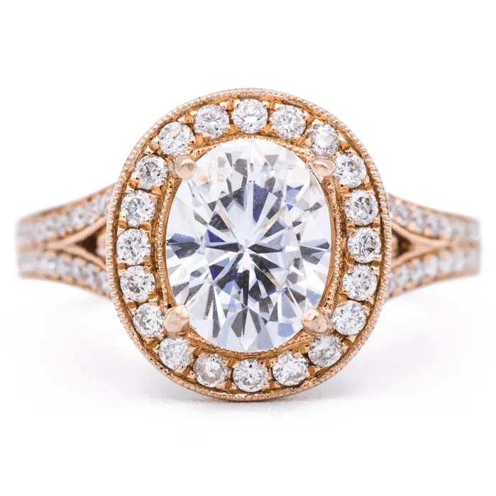 Fire Brilliance Rings 8x6mm Oval Center 14K Rose Gold Milgrain Halo Split Diamond Shank Ring Fire Brilliance Rings 8x6mm Oval Center 14K Rose Gold Milgrain Halo Split Diamond Shank Ring