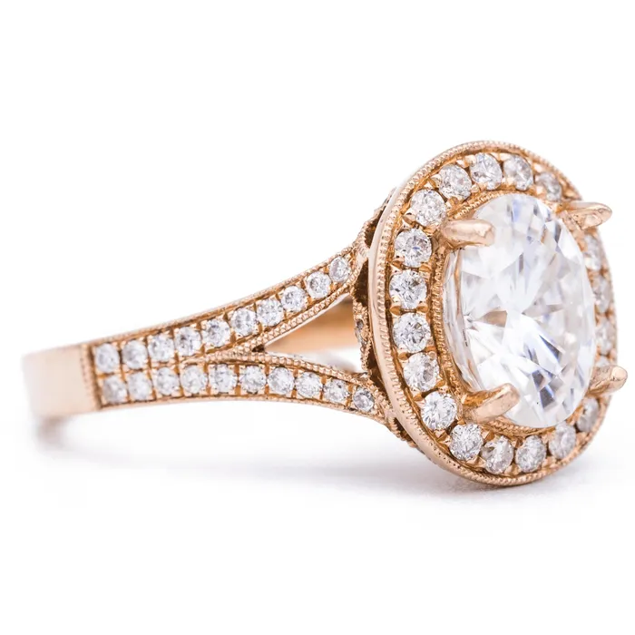Fire Brilliance Rings 8x6mm Oval Center 14K Rose Gold Milgrain Halo Split Diamond Shank Ring