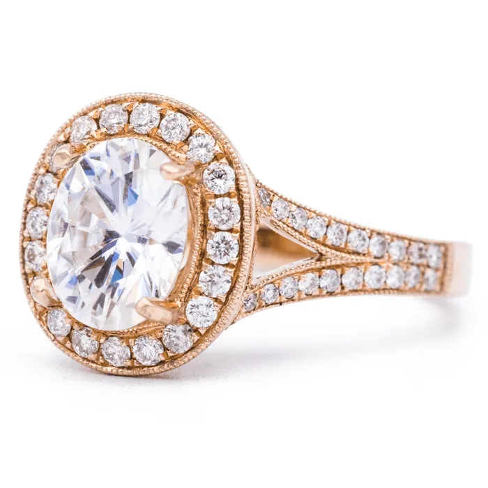 Fire Brilliance Rings 8x6mm Oval Center 14K Rose Gold Milgrain Halo Split Diamond Shank Ring