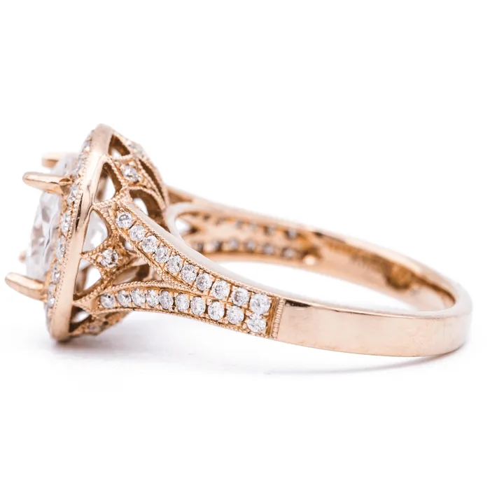 Fire Brilliance Rings 8x6mm Oval Center 14K Rose Gold Milgrain Halo Split Diamond Shank Ring