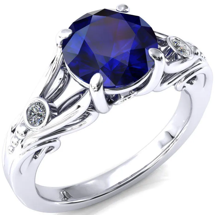 Fire Brilliance Rings Aerolynn Round Blue Sapphire 4 Prong Diamond Accent Engagement Ring