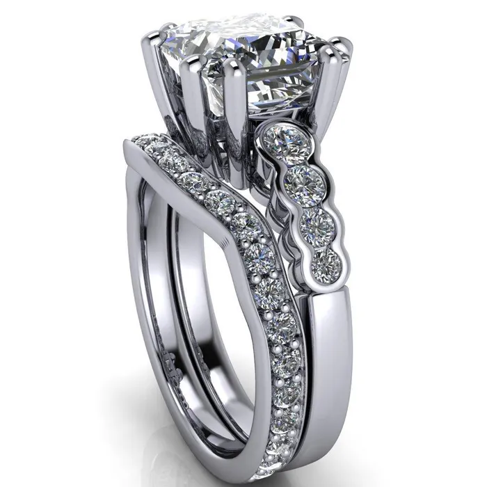 Fire Brilliance Rings Calypso PrincessSquare Moissanite 8 Prong Shared Bezel Shank Engagement Ring