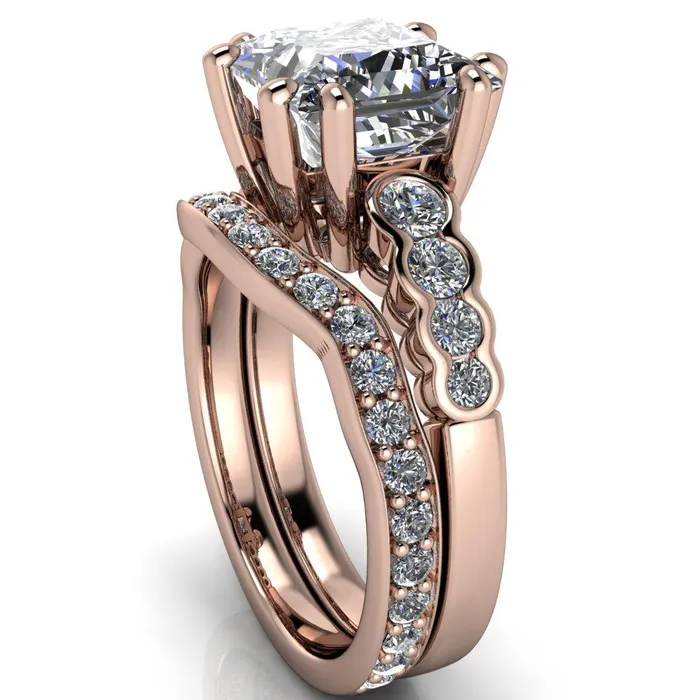 Fire Brilliance Rings Calypso PrincessSquare Moissanite 8 Prong Shared Bezel Shank Engagement Ring