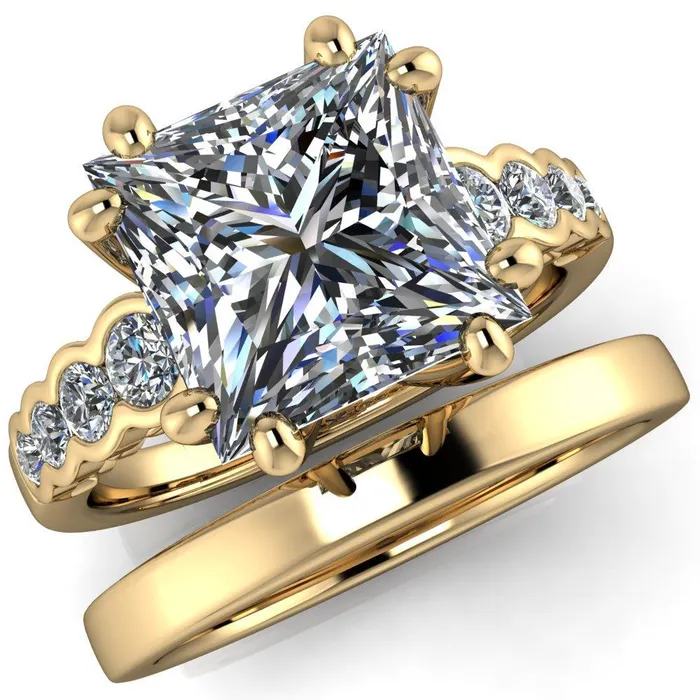Fire Brilliance Rings Calypso PrincessSquare Moissanite 8 Prong Shared Bezel Shank Engagement Ring