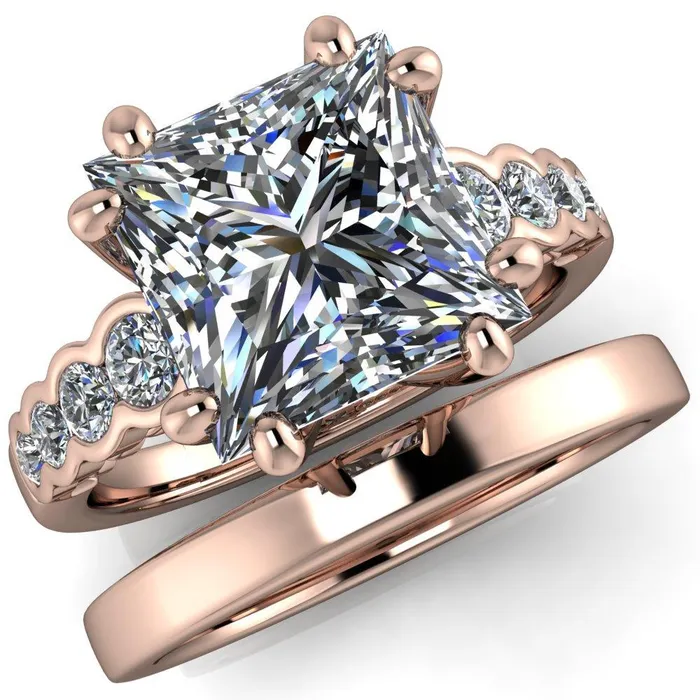 Fire Brilliance Rings Calypso PrincessSquare Moissanite 8 Prong Shared Bezel Shank Engagement Ring