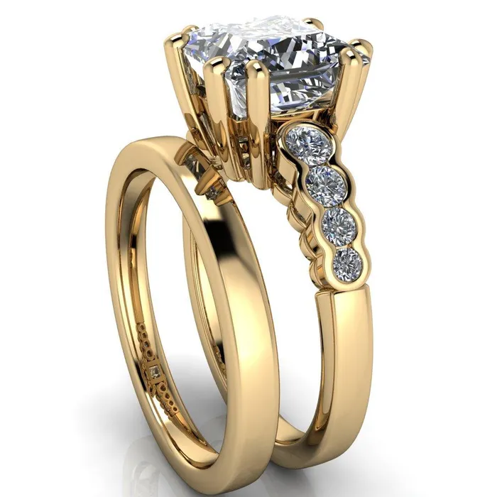 Fire Brilliance Rings Calypso PrincessSquare Moissanite 8 Prong Shared Bezel Shank Engagement Ring