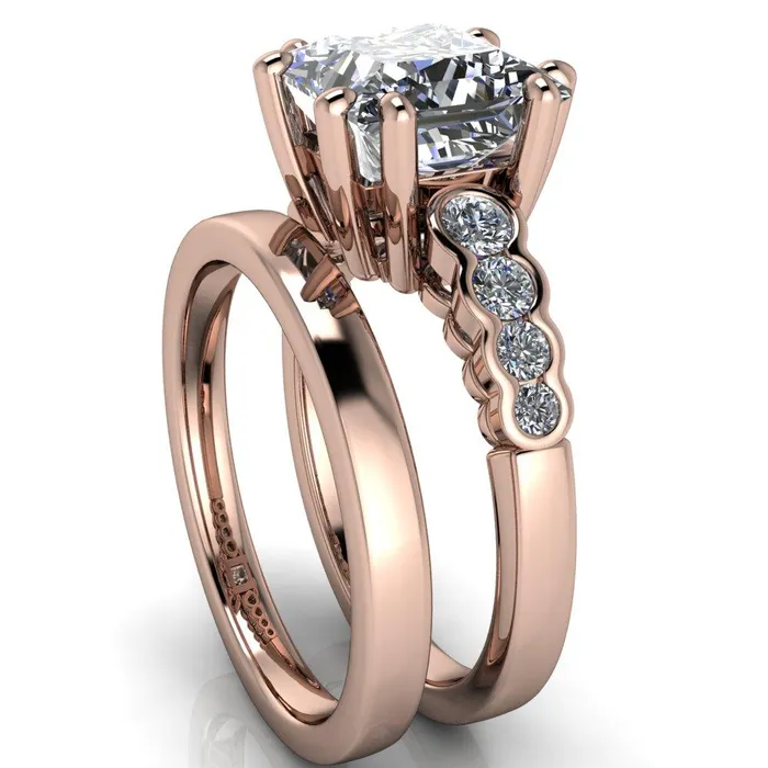 Fire Brilliance Rings Calypso PrincessSquare Moissanite 8 Prong Shared Bezel Shank Engagement Ring