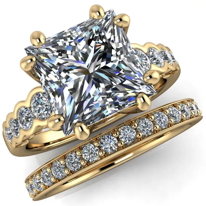 Fire Brilliance Rings Calypso PrincessSquare Moissanite 8 Prong Shared Bezel Shank Engagement Ring