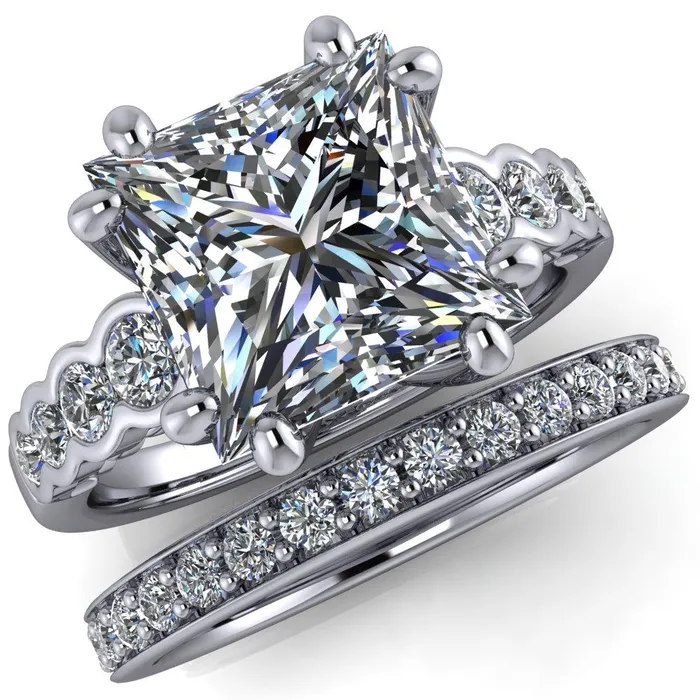 Fire Brilliance Rings Calypso PrincessSquare Moissanite 8 Prong Shared Bezel Shank Engagement Ring