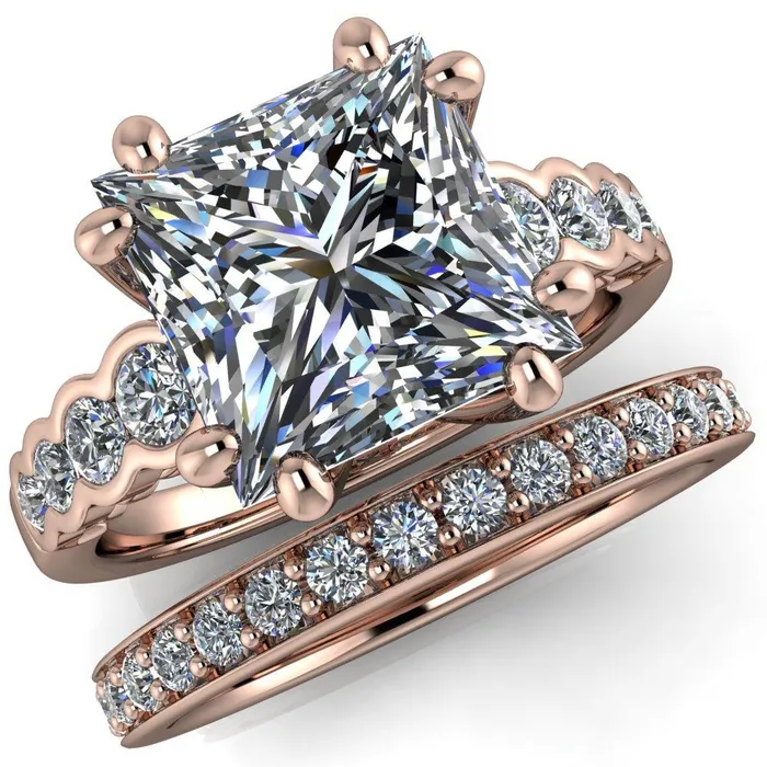 Fire Brilliance Rings Calypso PrincessSquare Moissanite 8 Prong Shared Bezel Shank Engagement Ring