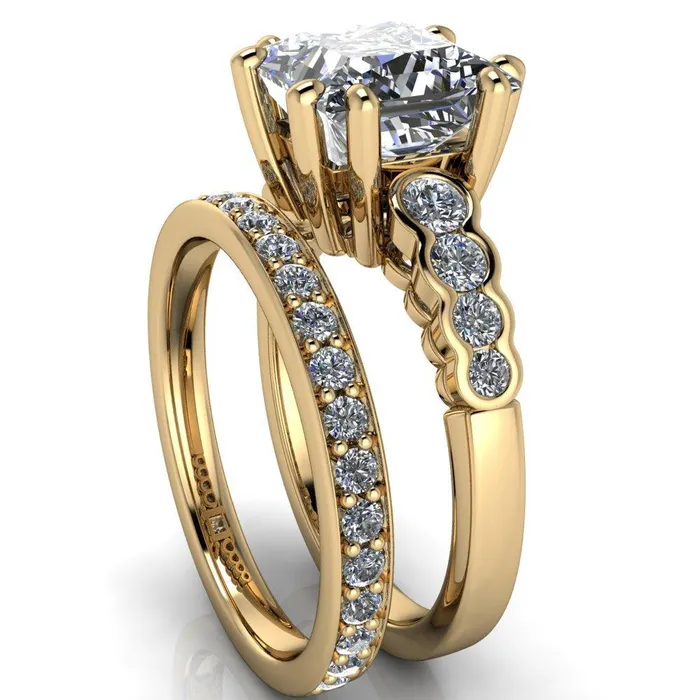 Fire Brilliance Rings Calypso PrincessSquare Moissanite 8 Prong Shared Bezel Shank Engagement Ring