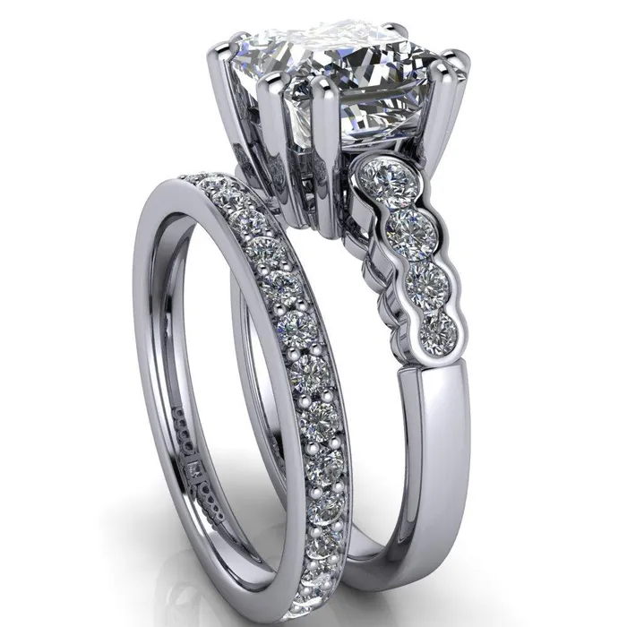 Fire Brilliance Rings Calypso PrincessSquare Moissanite 8 Prong Shared Bezel Shank Engagement Ring