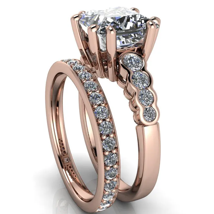 Fire Brilliance Rings Calypso PrincessSquare Moissanite 8 Prong Shared Bezel Shank Engagement Ring