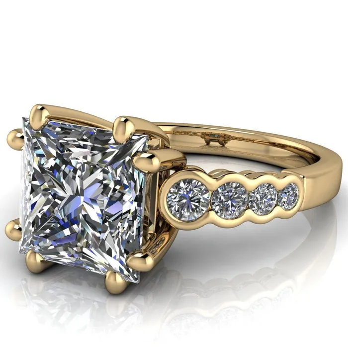 Fire Brilliance Rings Calypso PrincessSquare Moissanite 8 Prong Shared Bezel Shank Engagement Ring