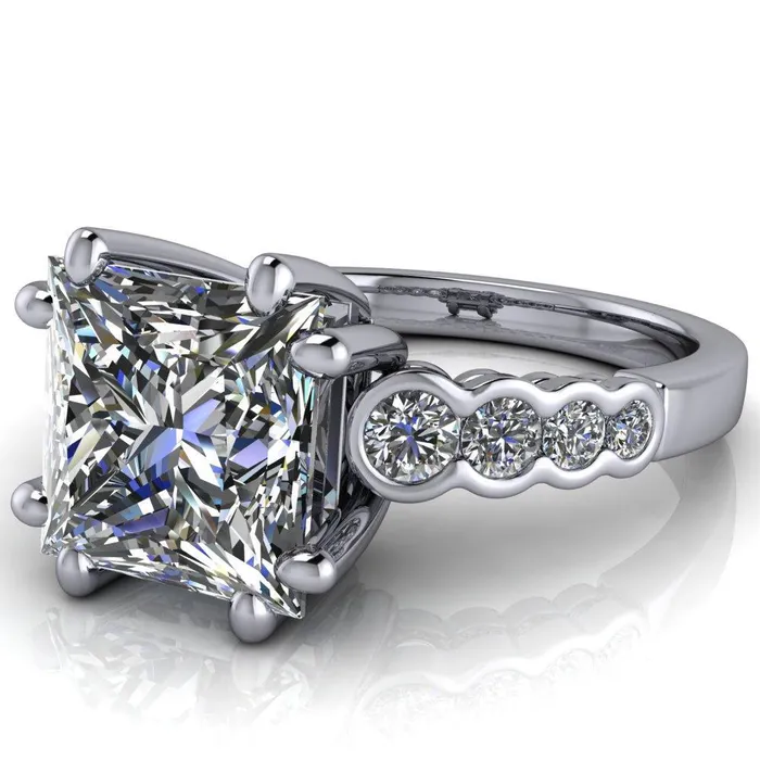 Fire Brilliance Rings Calypso PrincessSquare Moissanite 8 Prong Shared Bezel Shank Engagement Ring