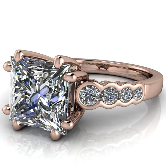 Fire Brilliance Rings Calypso PrincessSquare Moissanite 8 Prong Shared Bezel Shank Engagement Ring