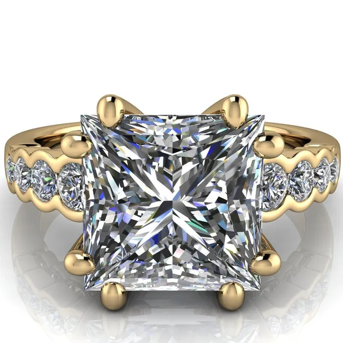Fire Brilliance Rings Calypso PrincessSquare Moissanite 8 Prong Shared Bezel Shank Engagement Ring