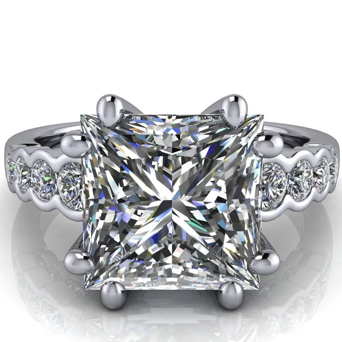 Fire Brilliance Rings Calypso PrincessSquare Moissanite 8 Prong Shared Bezel Shank Engagement Ring