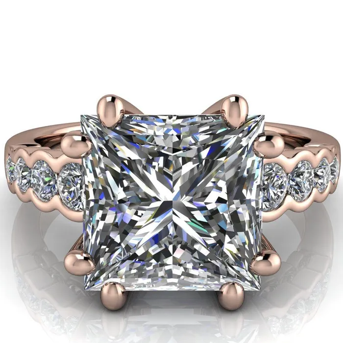 Fire Brilliance Rings Calypso PrincessSquare Moissanite 8 Prong Shared Bezel Shank Engagement Ring