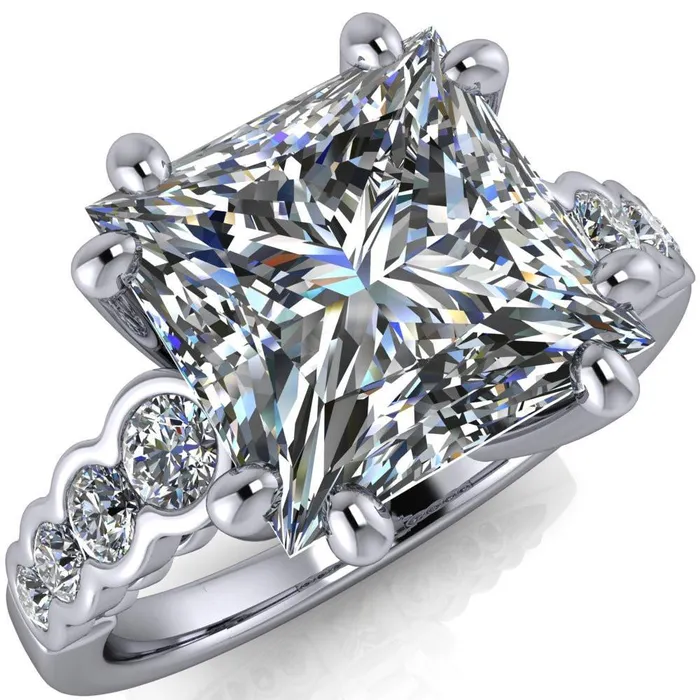 Fire Brilliance Rings Calypso PrincessSquare Moissanite 8 Prong Shared Bezel Shank Engagement Ring