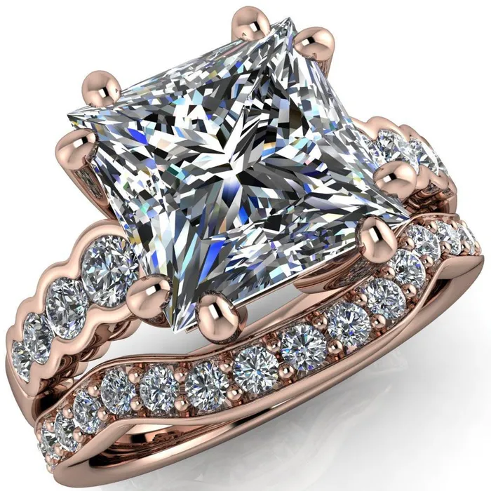 Fire Brilliance Rings Calypso PrincessSquare Moissanite 8 Prong Shared Bezel Shank Engagement Ring